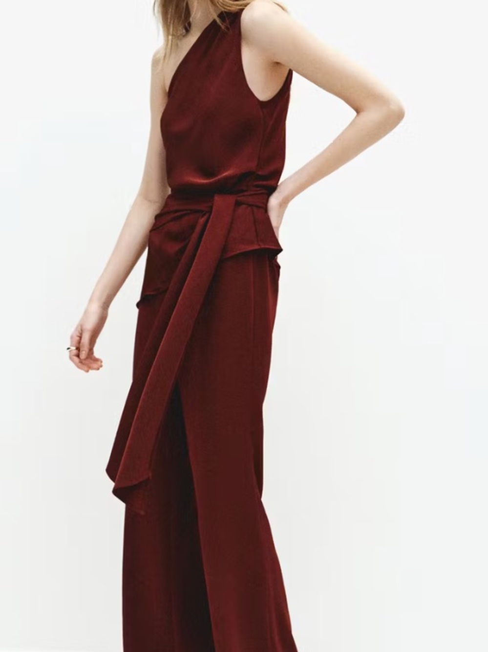 Mango One-Shoulder Burgundy Jumpsuit with Waist Tie